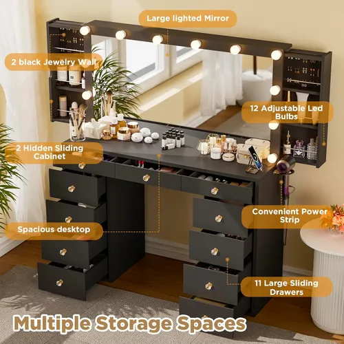 Miniatura 5 de Likein Escritorio de tocador con espejo y luces, tocador negro con gabinete de almacenamiento de joyas oculto, estación de carga, 11 cajones
