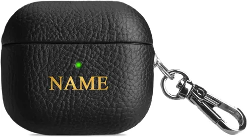 Funda de cuero con iniciales personalizadas para Apple Airpods 3 2021, funda vegana de lujo con llavero con nombre personalizado en relieve y letras