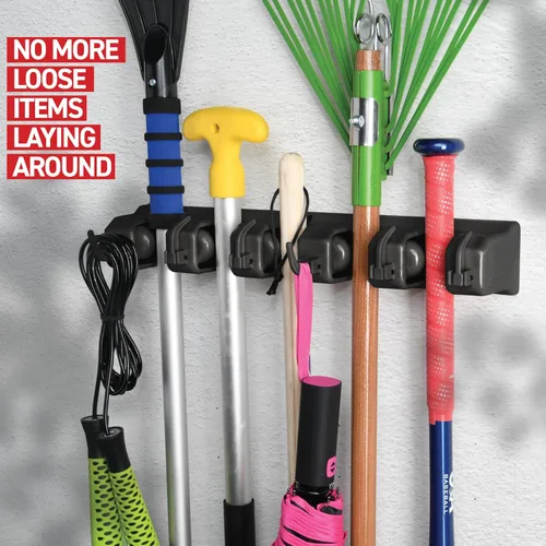 Miniatura 4 de Soporte de pared para fregona y escoba, organizador de almacenamiento de garaje con 5 ranuras, 6 ganchos, capacidad de 7.5 libras por ranura, hogar
