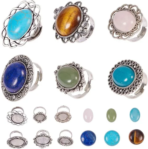 Miniatura 12 de SUNNYCLUE 16 piezas DIY 8 juegos de anillos bisel en blanco piedra natural cabujones estilo antiguo anillo de dedo ajustable componentes en blanco