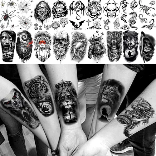 Miniatura 5 de Bilizar 63 hojas de tatuajes tribales temporales de lobo, león, tigre para hombres, mujeres, adultos, aterradores tatuajes temporales de calavera