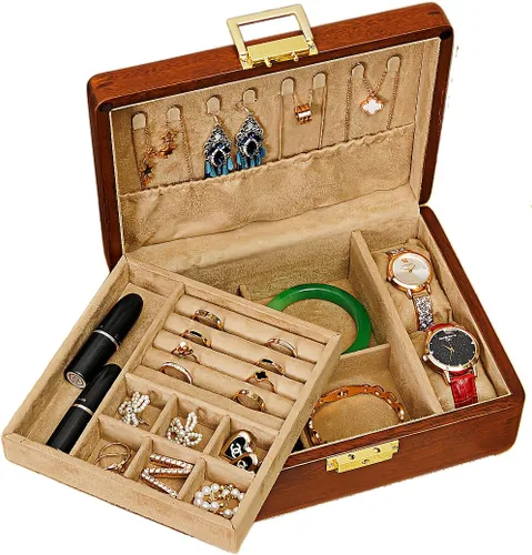 Caja organizadora de joyas de madera de nogal maciza con cerradura, joyero vintage de 2 capas para hombres y mujeres, almacenamiento con forro de