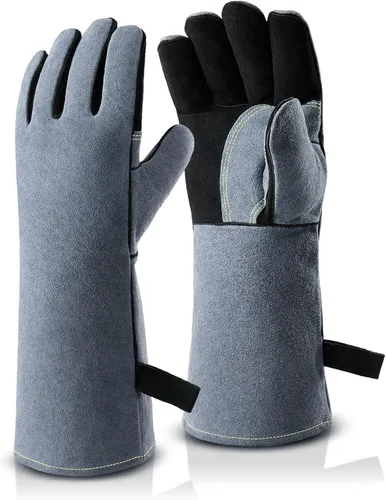 OZERO Guantes de soldadura resistentes al calor 932°F de cuero de vaca de 16 pulgadas, manga larga y forro aislante, guantes de barbacoa para