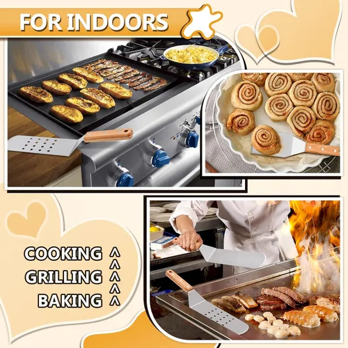 Miniatura 5 de HaSteeL - Juego de 4 espátulas de metal de acero inoxidable con mango remachado de madera, kit de accesorios de parrilla profesional para teppanyaki