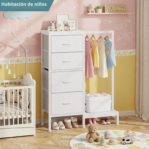 Miniatura 8 de HIGDBFE Cómoda alta de 44 pulgadas de alto con estante para colgar, cómoda pequeña de 4 cajones para dormitorio, cómoda de tela reversible con Blanco