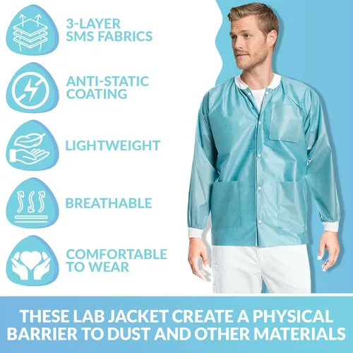 Miniatura 4 de Paquete de 10 chaquetas desechables de laboratorio, chaqueta médica reutilizable hasta la cadera, unisex, con puños de punto y bolsillos