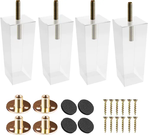 Patas acrílicas para muebles de 4 pulgadas, 4 patas de vidrio transparente pirámide con pernos roscados M8 de 5/16 pulgadas, placa de montaje y