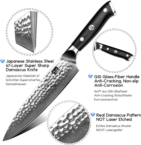 Miniatura 2 de SHAN ZU Cuchillo de chef, cuchillo de acero damasquino de 8 pulgadas, cuchillo de cocina profesional, cuchillos de utilidad de acero de alto carbono