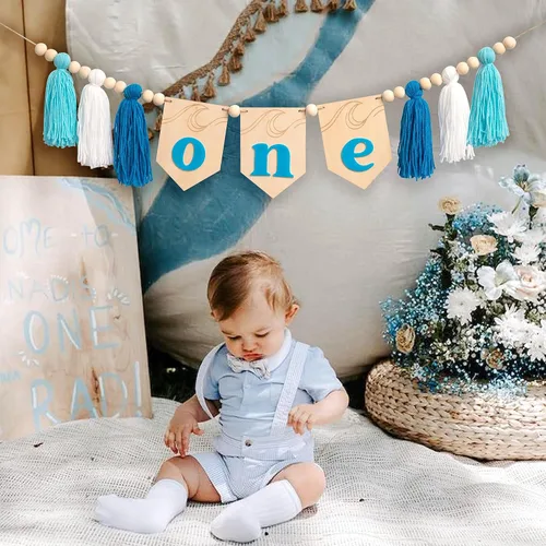 Miniatura 3 de The Big One - Cartel de madera para silla alta con borlas, decoración de fiesta de cumpleaños con temática de surf de madera, pancarta para silla