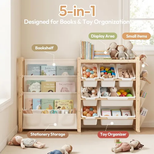 Miniatura 5 de Fodoss Estante para libros para habitaciones de niños, organizador de almacenamiento de juguetes con estantería, estantería de madera maciza