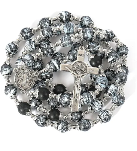 Nazareth Store Rosario de cristal negro de San Benito cuentas de ágata collar de medalla de protección contra el mal y crucifijo de oración Rosarios