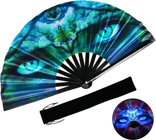 Miniatura 13 de Ventilador plegable grande, ventilador de mano de bambú de 13 pulgadas con tinta reactiva UV, ventilador chino plegable Clark para festivales, Drag