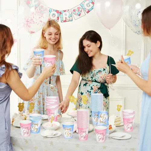 Miniatura 4 de Whaline 50 vasos de papel desechables para fiesta de revelación de género, color rosa, azul, equipo niña, equipo niño, tazas desechables