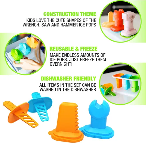Miniatura 4 de Dinneractive Play Pop Popsicle Molds - Juego de 3 herramientas temáticas - Moldes de silicona reutilizables para paletas de bricolaje para niños
