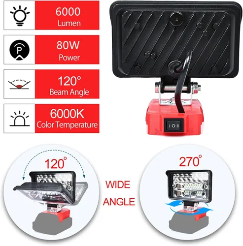Miniatura 2 de Luz de trabajo LED inalámbrica compatible con batería Milwaukee 18V m18, 80W 6000LM linterna portátil m18 para iluminación en el lugar de trabajo