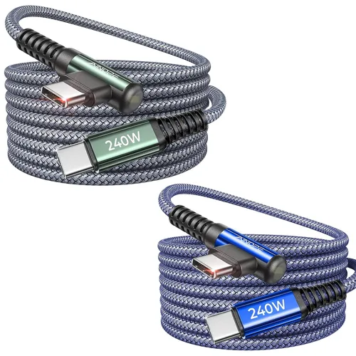 Miniatura 22 de AINOPE Cable USB C a USB C de 240W (6.6 pies, paquete de 2, USB C Chubby) Cable de carga rápida USB C a USB C, cable cargador USB C en ángulo recto