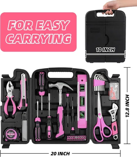 Miniatura 3 de Juego de herramientas rosadas, 131 piezas, color rosa, para mujeres, kit de herramientas manuales para el hogar con caja de herramientas de plástico
