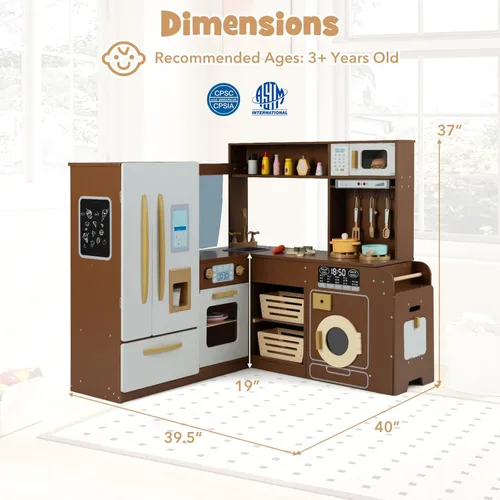 Miniatura 8 de Costzon Juego de Cocina de Esquina, Set de Juguetes de Cocina con Luces y Sonidos Reales, Refrigerador Grande, Máquina de Hielo, Horno, Microondas
