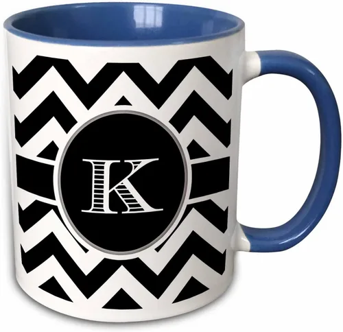 Miniatura 12 de 3dRose Taza de café, tamaño: 15 onzas, monograma de cheurón blanco y negro, inicial K Designs, divertido regalo de taza de café