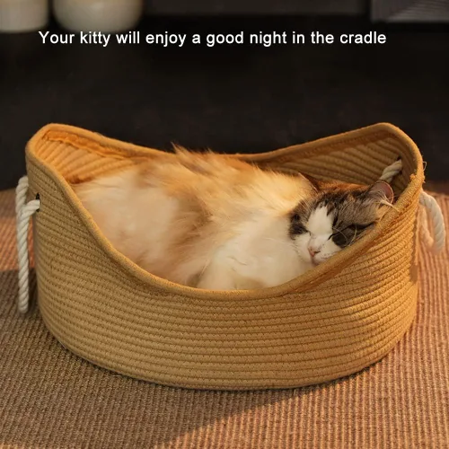 Miniatura 5 de Cama de algodón tejida para gatos con cuerda de algodón para perros pequeños y gatos, cesta de nido para dormir, hecha a mano, cuna natural