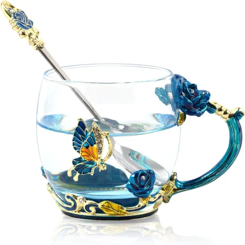 Taza de Té Esmaltada de Camping de Verano, Taza de Café con Juego de Cuchara de Vidrio Transparente Hecho a Mano con Esmalte de Mariposa y Flores,