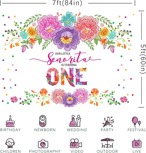 Miniatura 6 de Fondo de fiesta mexicana para el primer cumpleaños para niñas, flores, Senorita Turning One, fondo de fotografía de 7 x 5 pies, fiesta de niña