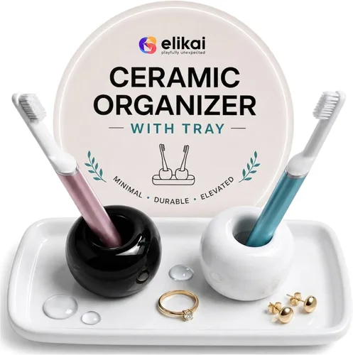 ELIKAI Porta cepillos de dientes de cerámica con bandeja de baño, organizador de encimera para cepillos de dientes y accesorios, juego de soporte