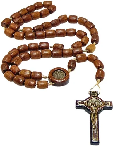 Miniatura 2 de Catholica Shop Collar de cruz de plata con cuentas de madera Rosario I Religious Wear Saint Benedict I Collar de cruz negra para hombres y mujeres I