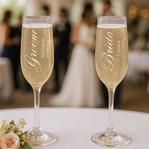 Miniatura 6 de Juego de 2 copas de champán personalizadas – Flautas de champán grabadas Mr and Mrs – Regalo de cristalería con tallo personalizado para boda