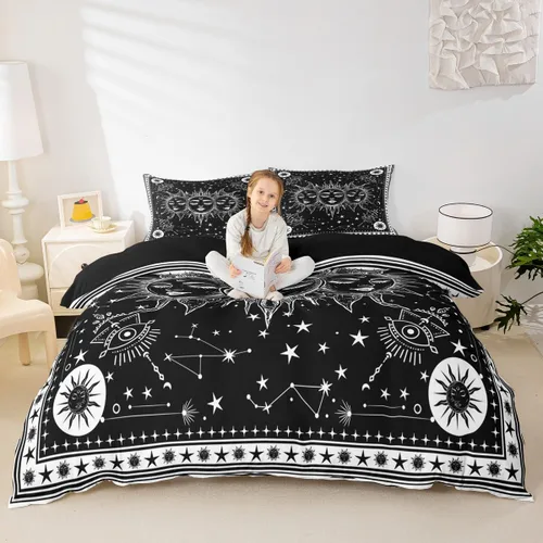 Miniatura 38 de Erosebridal Juego de ropa de cama bohemio con sol y luna, funda de edredón hippie de 3 piezas, colorida funda de edredón teñida anudada, funda