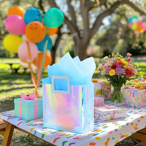 Miniatura 3 de Bolsa de regalo pequeña holográfica de 8.3'' con papel de seda, bolsa de regalo reutilizable para cumpleaños para niñas y mujeres, bolsa iridescente