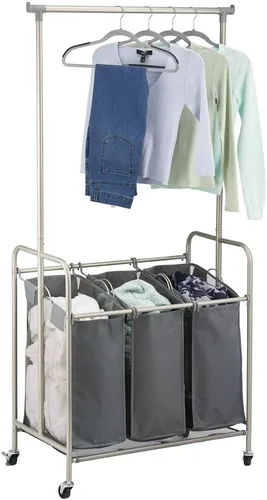 Miniatura 7 de mDesign Clasificador de ropa portátil con ruedas y barra para colgar ropa, sistema de carrito de metal resistente con 3 cestas organizadoras