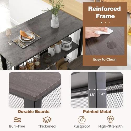 Miniatura 9 de COSTWAY Unidad de bar para el hogar, mesa de bar de 3 niveles con estantes de almacenamiento, marco de metal, almohadillas ajustables para los pies