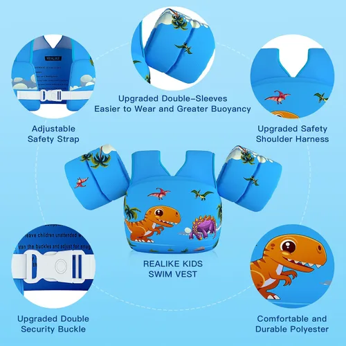 Miniatura 4 de REALIKE Chaleco de natación para niños pequeños, flotadores, ayudas de natación con arnés de hombro, alas de brazo para niños/bebés/bebé, playa