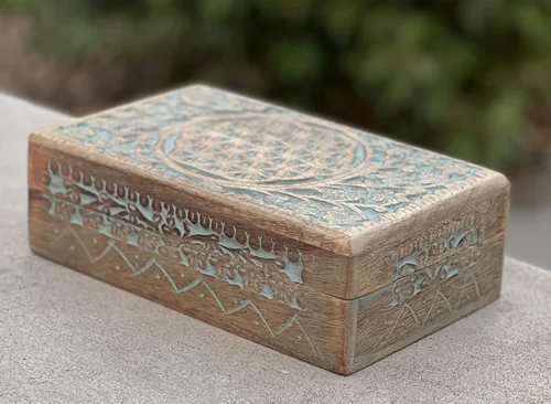Miniatura 2 de DharmaObjects - Tarot tallada a mano con diseño de flor de la vida, caja de almacenamiento de madera (turquesa, grande)