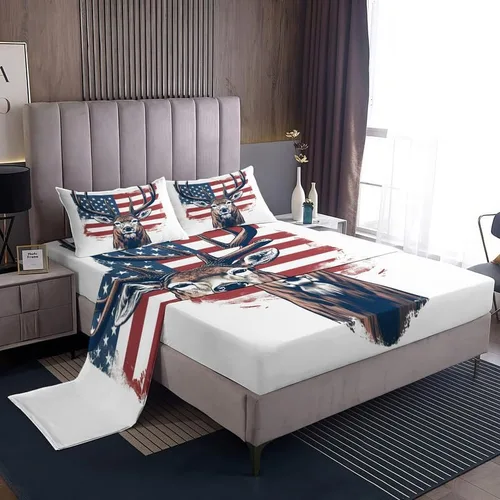 Sábanas de ciervo tamaño Queen – Sábanas de cama con bandera estadounidense, microfibra suave, bolsillo profundo, sábanas y fundas de almohada Deer