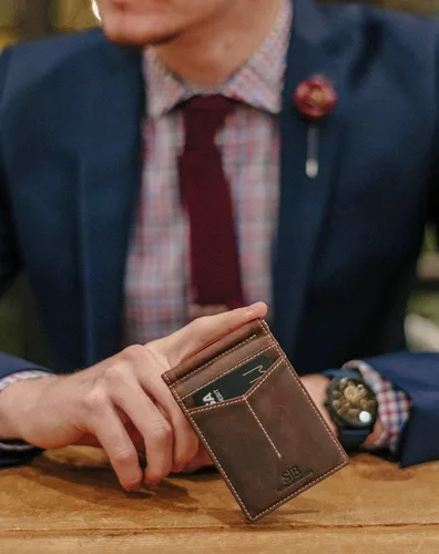 Miniatura 2 de SERMAN BRANDS Billetera con bloqueo RFID delgada de dos pliegues – Carteras minimalistas de cuero genuino con bolsillo frontal para hombres con clip