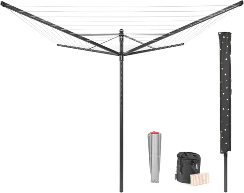 Brabantia Lift-O-Matic Tendedero de 4 brazos para exteriores (164 pies/Ø 1.8 pulgadas) altura ajustable, tendedero plegable + estaca de tierra,