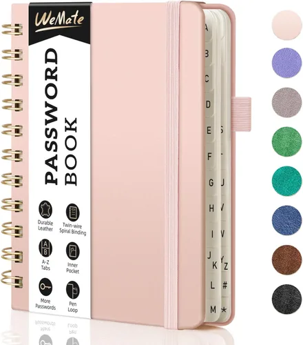 Miniatura 26 de WEMATE Libro de contraseñas con pestañas alfabéticas, libro en espiral para personas mayores, cuaderno de contraseñas de Internet, diario