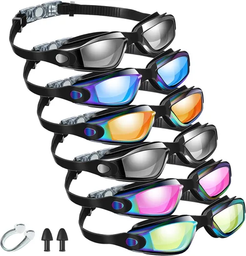 Flutesan Paquete de 6 gafas de natación para adultos, antiniebla, con tapones para los oídos, clip para la nariz, sin fugas, protección completa