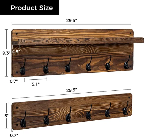 Miniatura 5 de Perchero de pared de 29.5 pulgadas de ancho con estante, estante de pasillo con 12 ganchos para abrigos, perchas para pared, perchero para clavijas