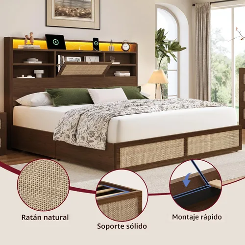 Miniatura 8 de BRELTAM Marco de cama de ratán tamaño Queen con 4 cajones de almacenamiento y cabecera de almacenamiento oculto, marco de cama de plataforma