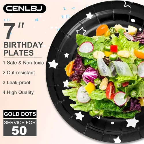 Miniatura 3 de Platos de papel de fiesta de feliz cumpleaños, platos de postre negros, 7 pulgadas, 50 unidades, lunares de aluminio para decoraciones de fiesta