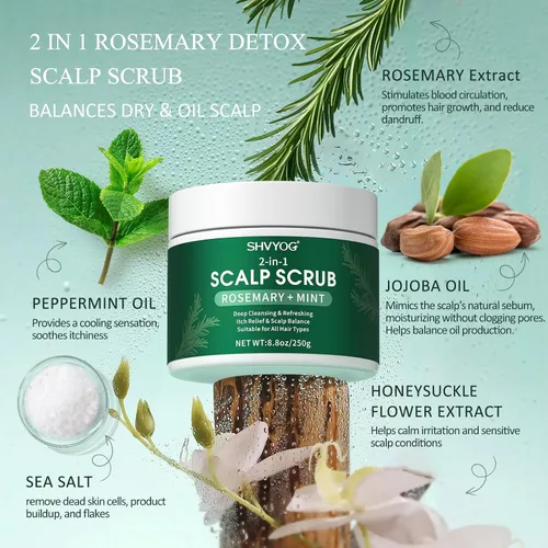 Miniatura 2 de SHVYOG Exfoliante para el cuero cabelludo, exfoliante de romero con menta y sal marina, champú exfoliante aclarante anticaspa para limpieza profunda