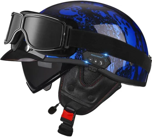 Miniatura 17 de Casco de cara abierta con Bluetooth para hombres y mujeres, casco retro de estilo alemán con diseño de calavera, visera con gafas, casco de media