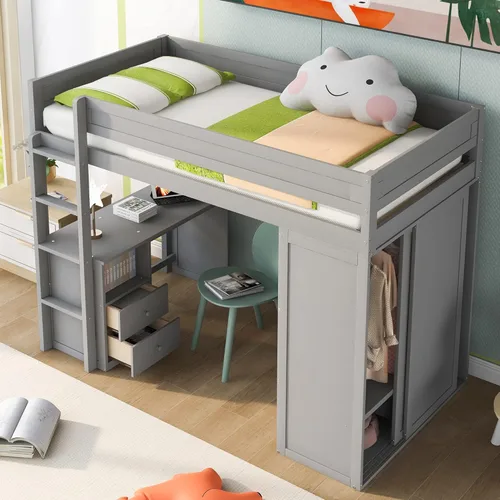 Miniatura 4 de Harper & Bright Designs Cama tipo loft de tamaño individual con escritorio y armario, cama alta individual de madera con 2 cajones
