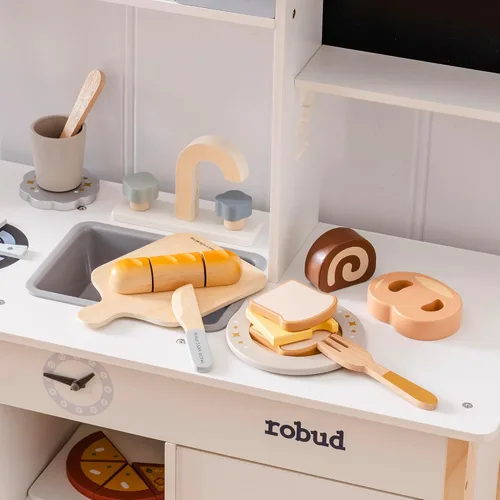Miniatura 3 de ROBOTIME Juego de Comida de Juguete de Madera para Cortar Pan, Juguete de Comida de Simulación para Cocina de Juguete con Bolsa de Compras
