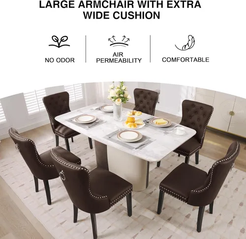 Miniatura 6 de adochr Juego de 2 sillas de comedor de terciopelo, sillas de comedor tapizadas acolchadas con anillo de tracción y patas de acero inoxidable, beige