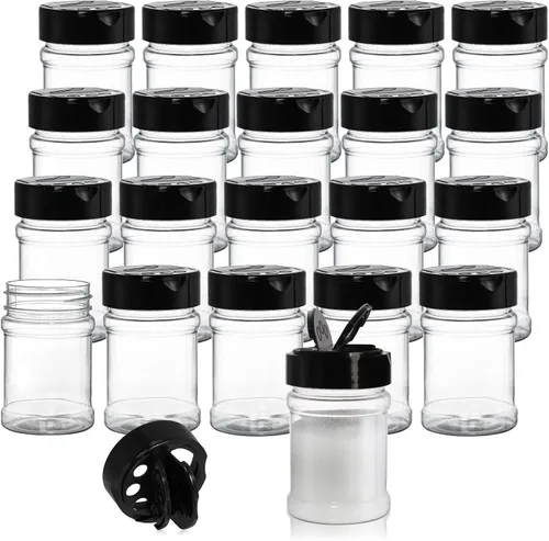 Yesland Paquete de 20 frascos de plástico para especias, recipientes de especias de 5 onzas, sin BPA con tapa negra, frascos vacíos de condimentos,