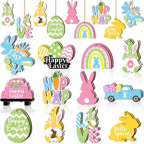Miniatura 9 de Marsui 24 adornos de Pascua para árbol, feliz Pascua, adornos colgantes de madera, huevo, conejo, primavera, árbol, gnomo, pollo, rebanadas